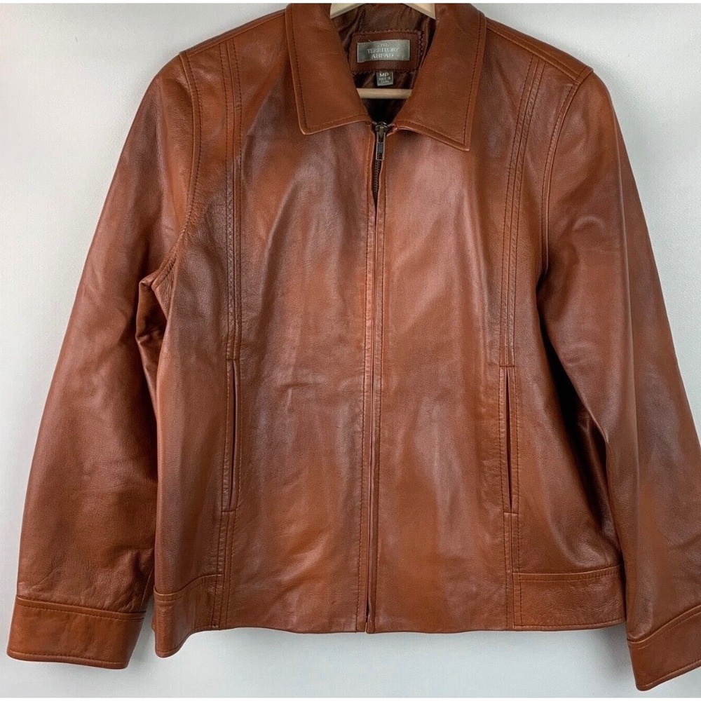The Territory Ahead Womens Genuine Leather Jacket Cognac Brown Zip Up Size L